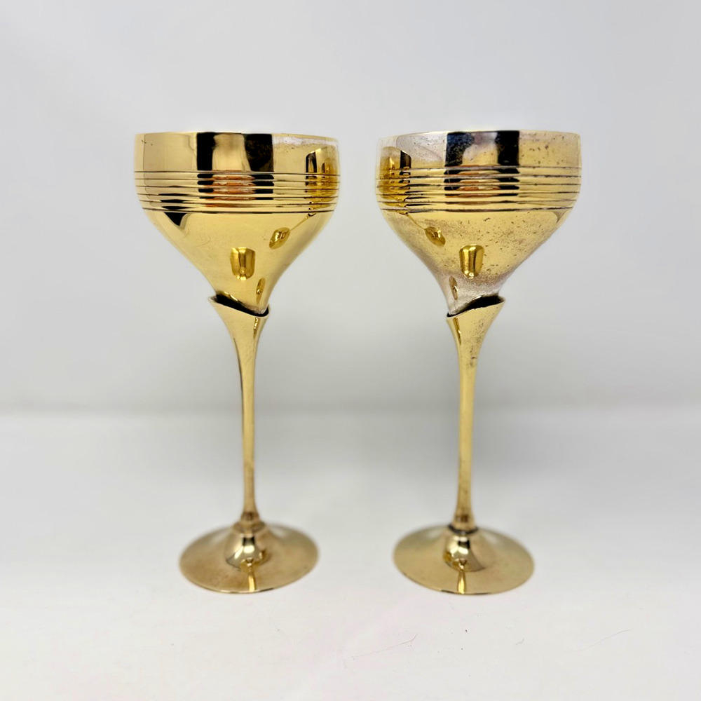 Vintage India Brass Silver Plated Wine Goblets Pair Ribbed Stemware EUC